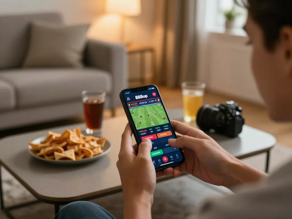 Person actively placing bets on the 888top sports betting app during a home gathering.