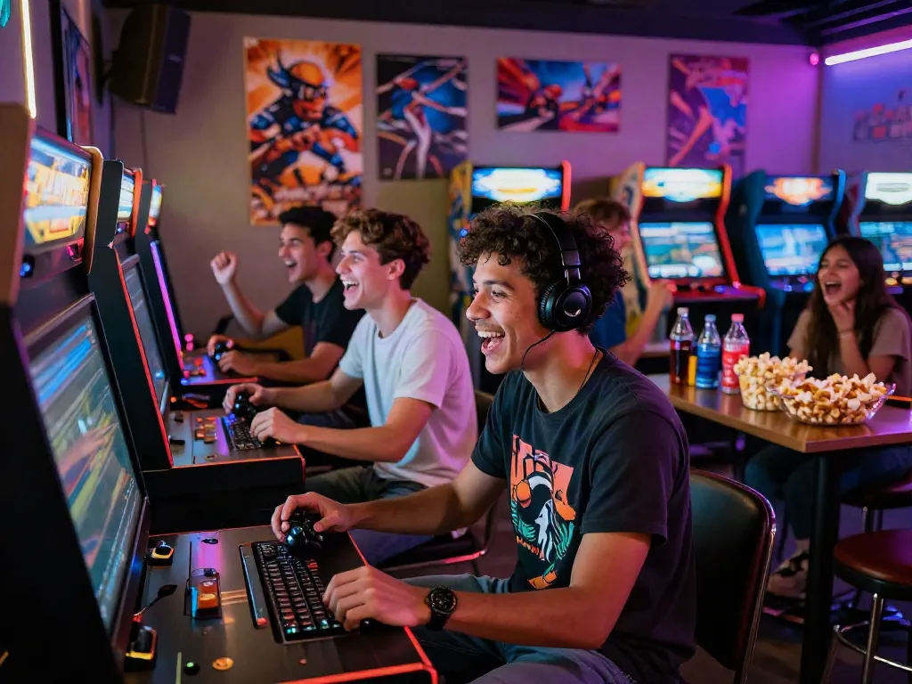 Engaging friends playing arcade games while enjoying chơi thử 78win in a lively gaming lounge.