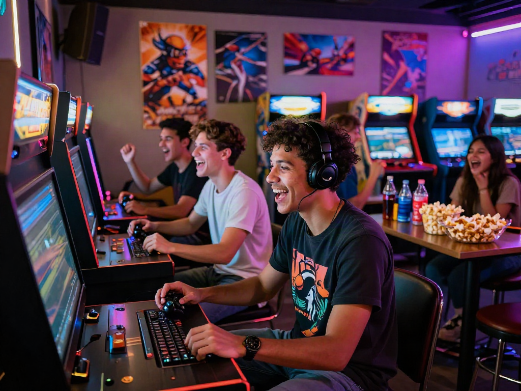 Engaging friends playing arcade games while enjoying chơi thử 78win in a lively gaming lounge.