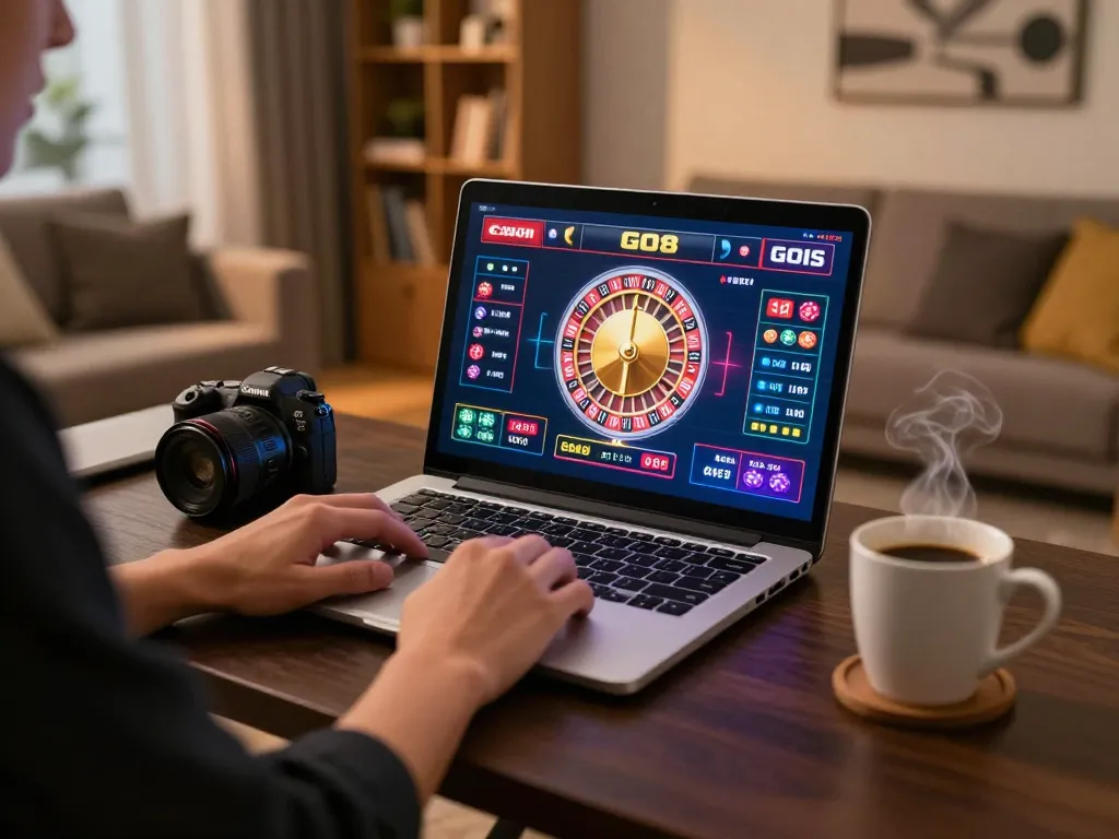 Engaging home gambling experience with GO8 online gaming on a laptop in a cozy setup