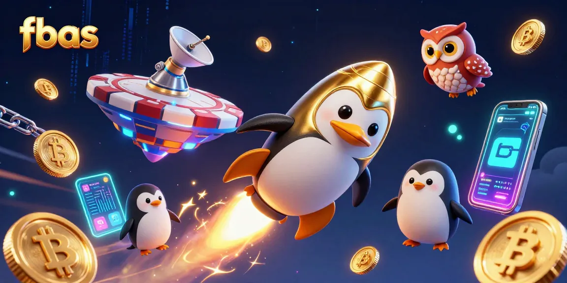 Experience thrilling gaming at fbas with a 3D rocket-powered penguin flying through crypto-themed casino space.