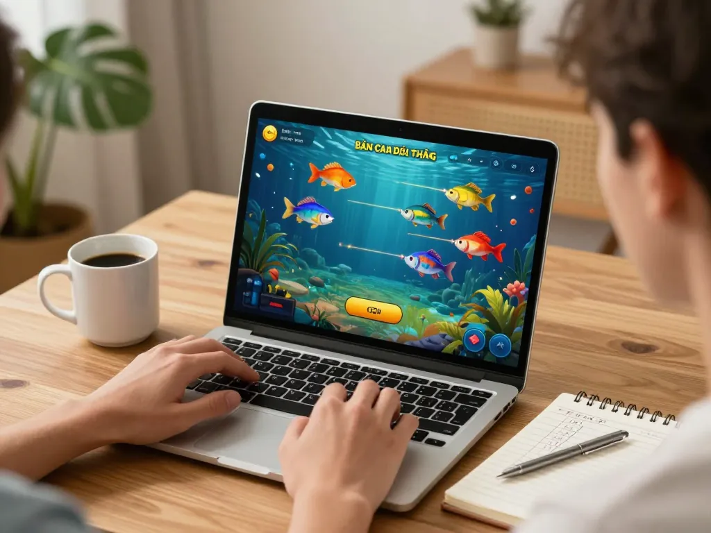 Bắn Cá Đổi Thưởng gameplay on laptop at home, showcasing colorful graphics and strategy notes.