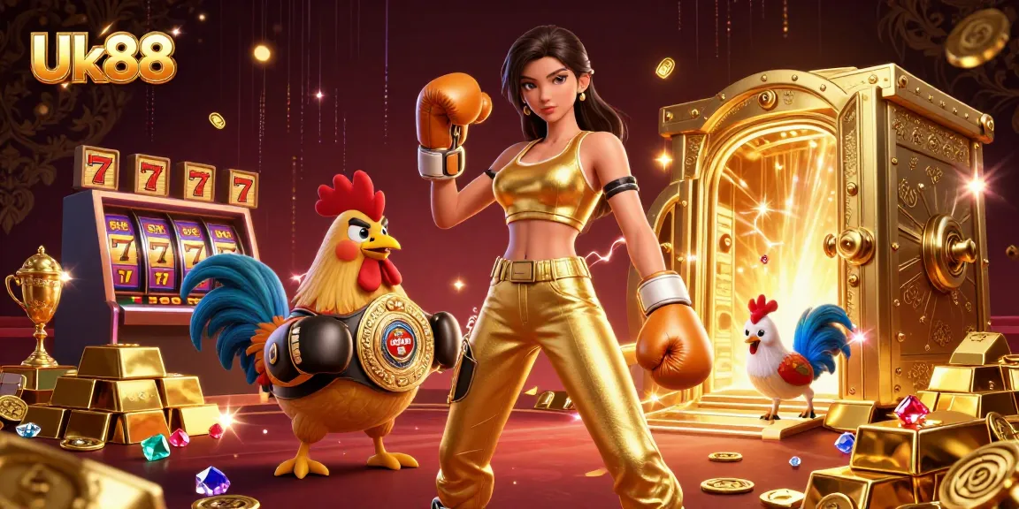 Experience thrilling gameplay with Uk88 featuring a powerful woman and boxing rooster in a vibrant casino scene.