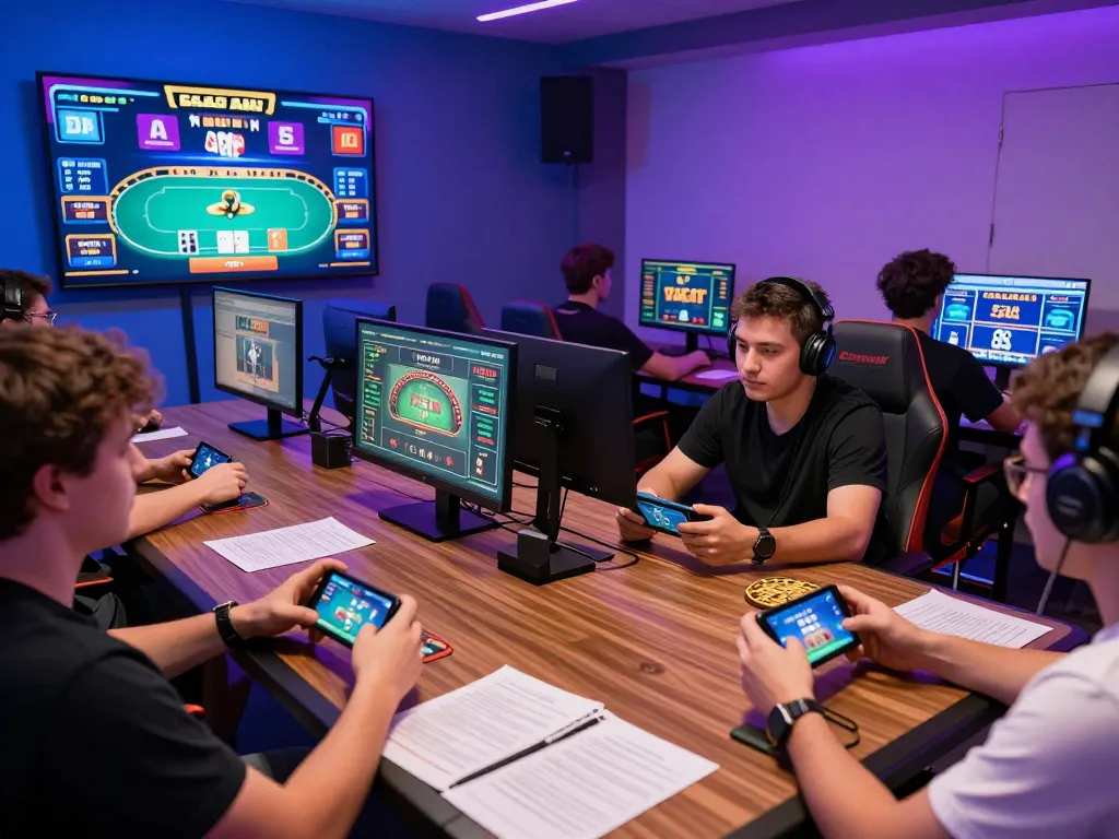 Engaging in exciting Game bài đổi thưởng strategies at a vibrant online gaming room, players immersed and making bets.