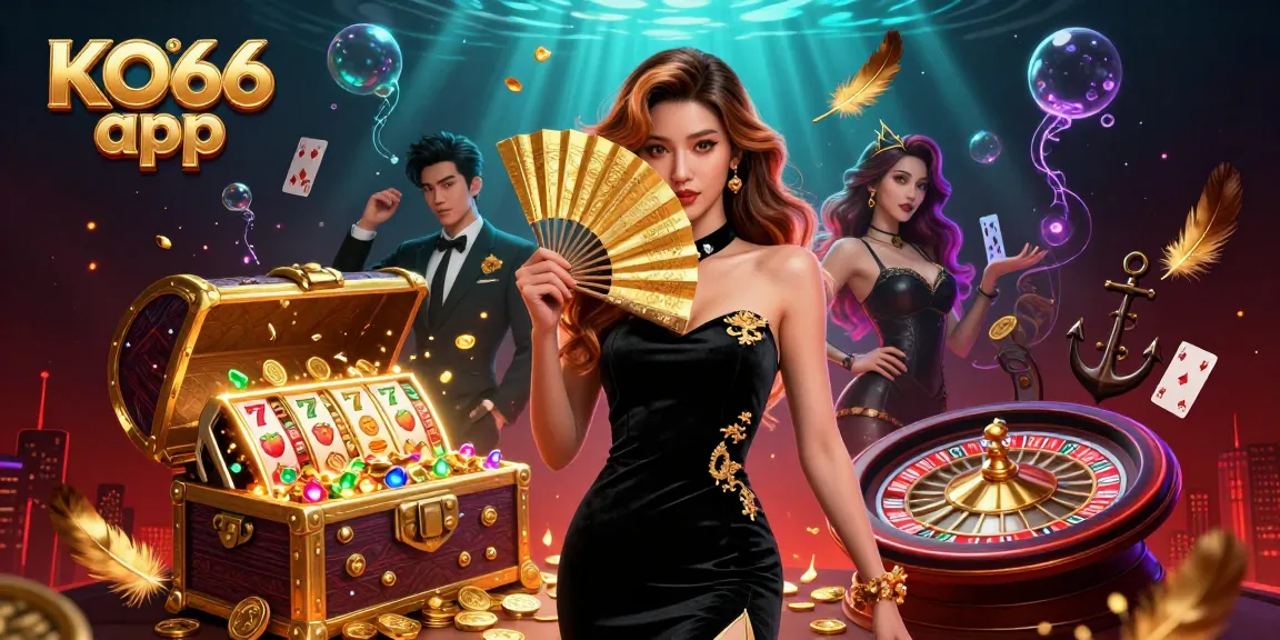 Engage with the KO66 app, where vibrant slot reels and an enchanting Asian character create a thrilling casino atmosphere.