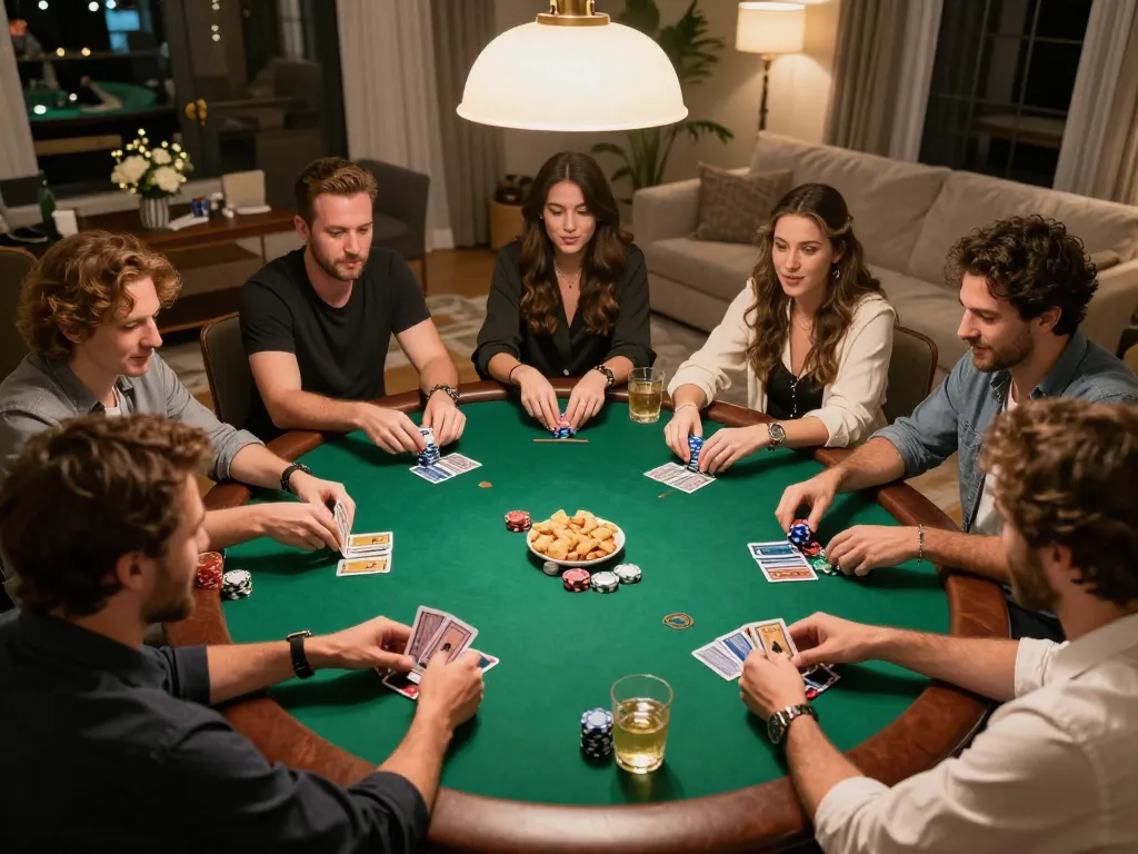 GEM88 poker players strategizing in a lively home game with chips and cards.
