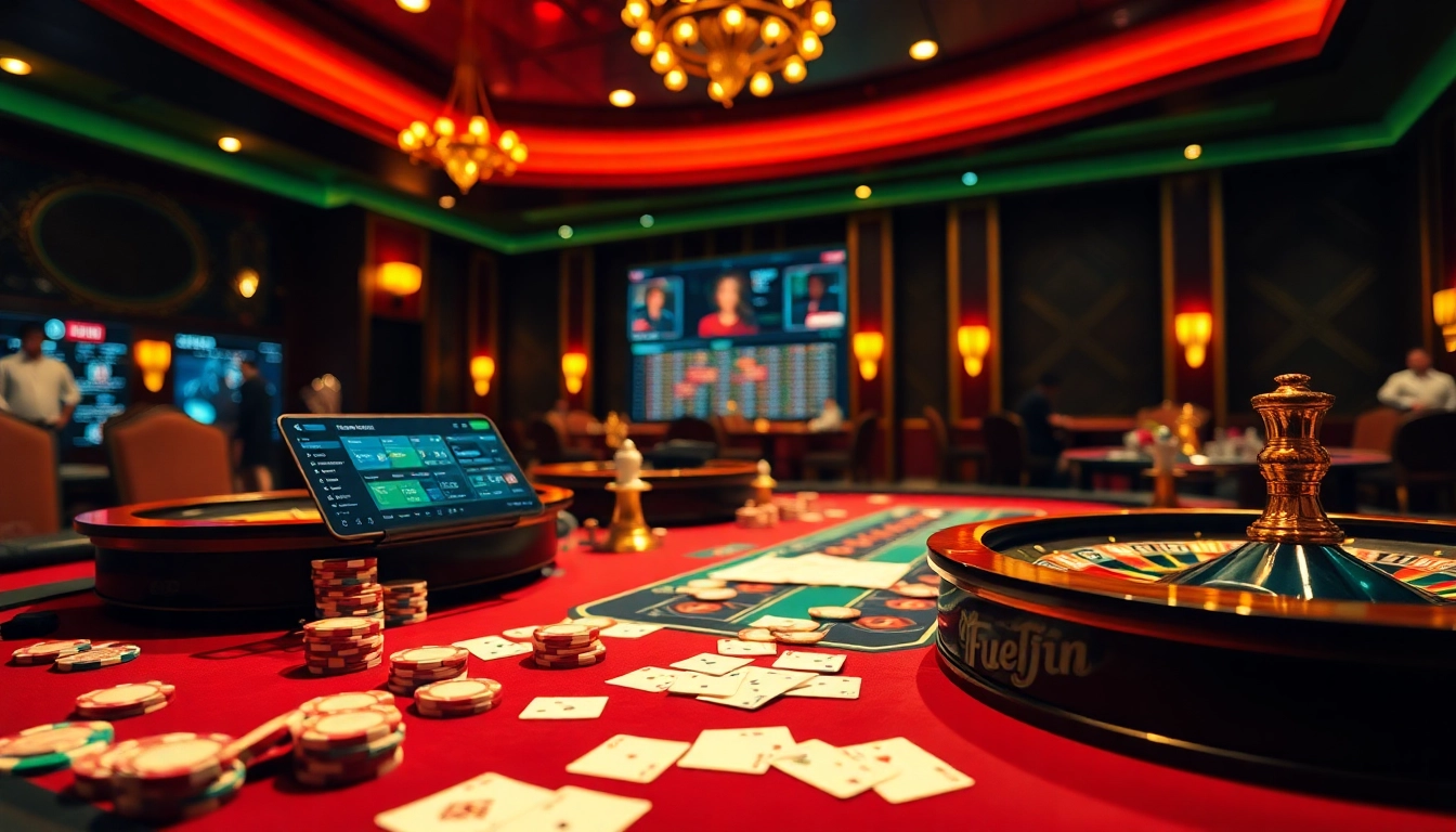 Rolling dice and vibrant poker chips showcasing tỷ lệ kèo at a luxurious casino table.