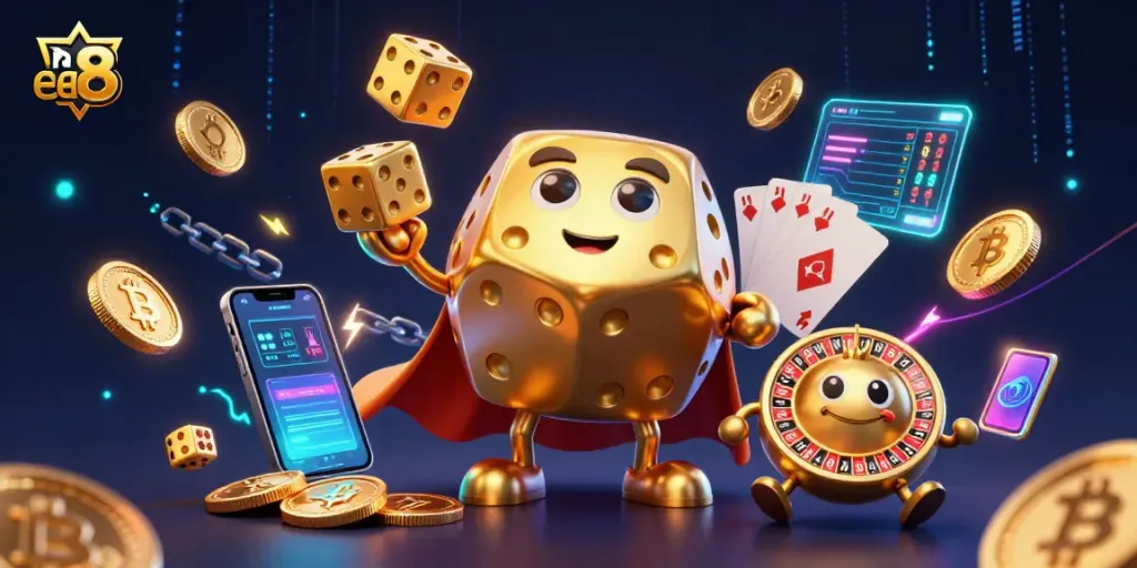 Engage with the ea88 online casino adventure featuring a golden dice golem and neon cryptocurrency elements.