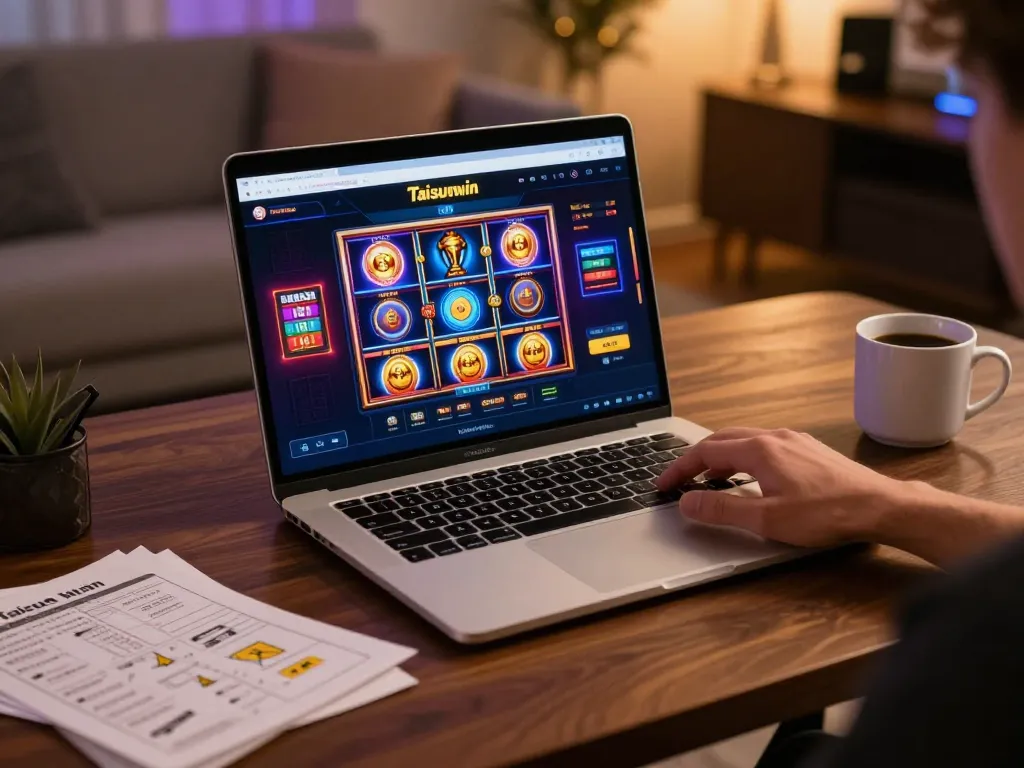 Taisunwin gaming setup with vibrant slots on laptop, showcasing strategic gameplay.