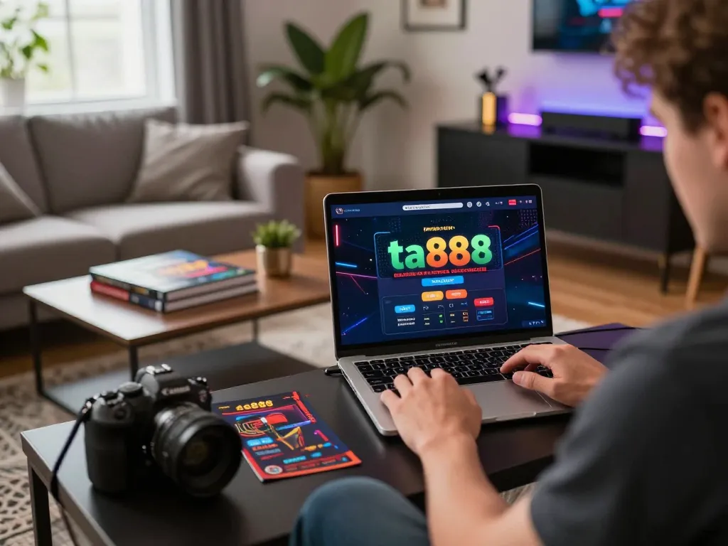 Engaging online gaming experience on ta888 with a laptop in a cozy home setting.