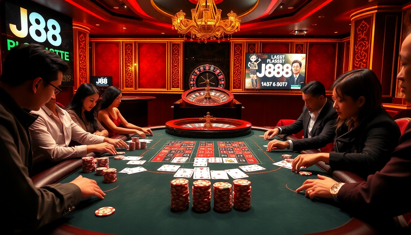 Players enjoying high-stakes poker at J88 casino, immersed in an elegant and thrilling atmosphere.