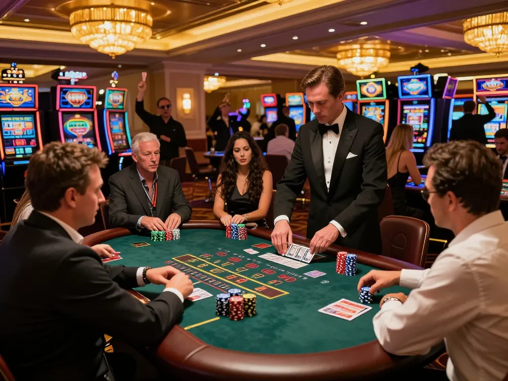 MM88 players engaged in intense blackjack gameplay, while celebrating wins in a vibrant casino.