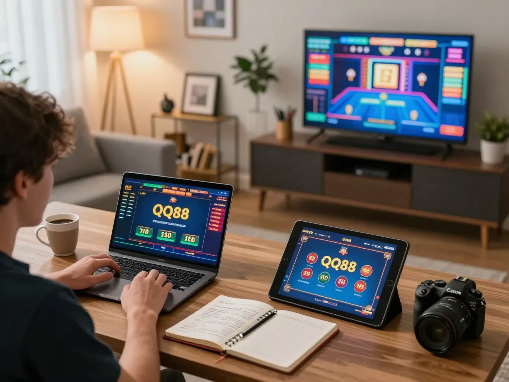 Engaging online gambler using QQ88 platform on laptop, showcasing a strategic gaming session with drinks nearby