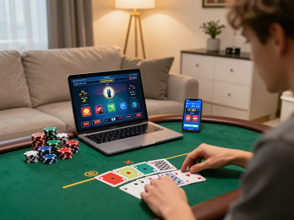 N188 player engaged in online poker, showcasing a vibrant home gambling experience.