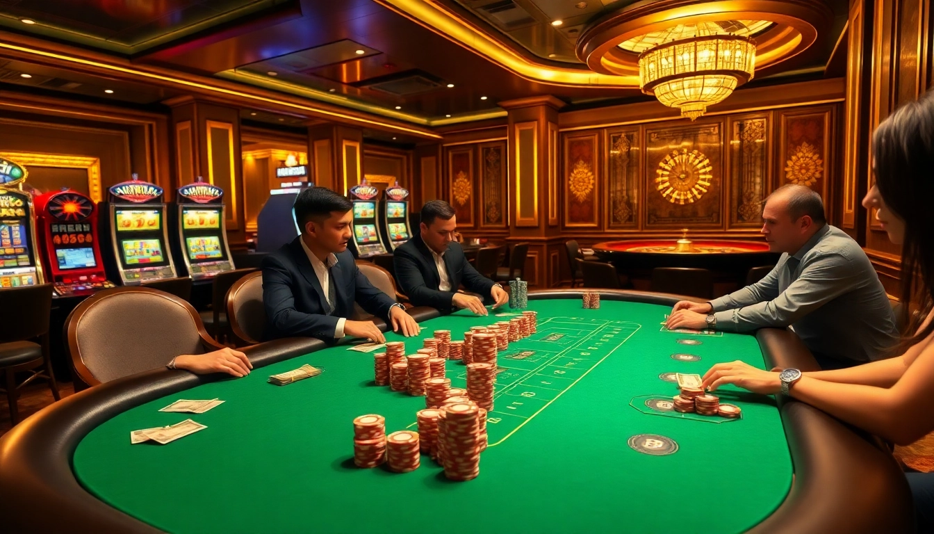 KIM88 poker players strategizing at an elegant table in a vibrant casino atmosphere.