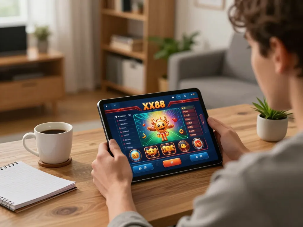 Engaged player using the XX88 casino app on a tablet for precise gaming strategies.