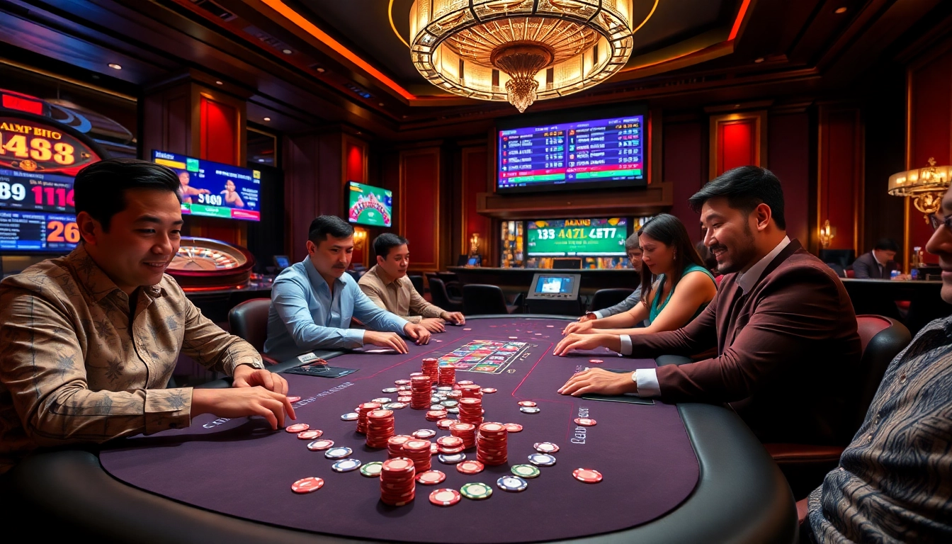 Players engage in a thrilling poker game at AA88 casino, featuring vibrant cards and poker chips.