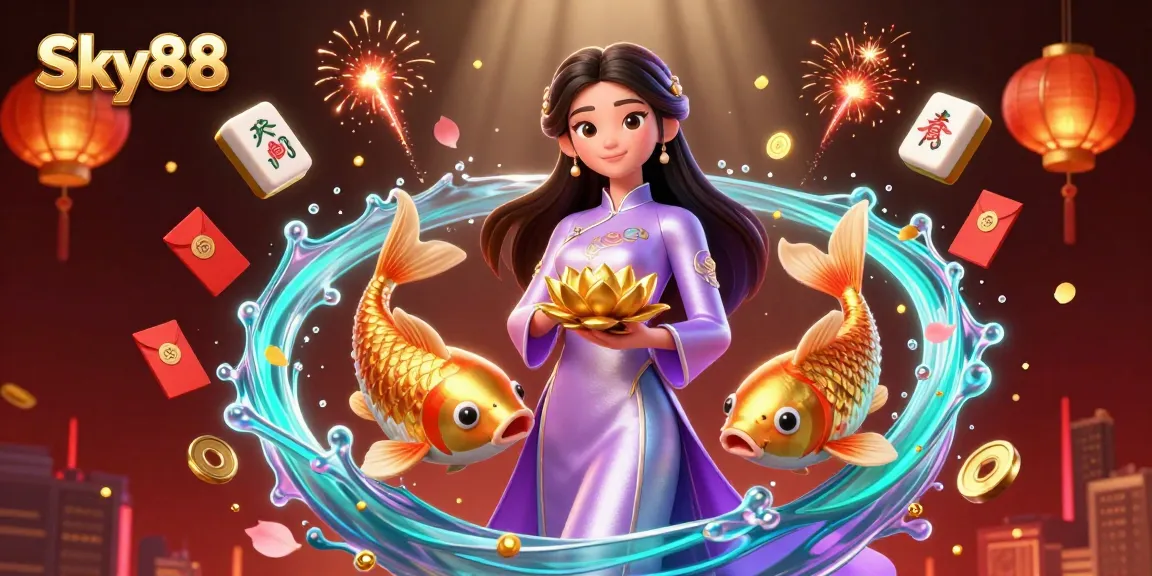 Experience winning moments at Sky88 with vibrant 3D illustrations showcasing Asian culture and gambling excitement.