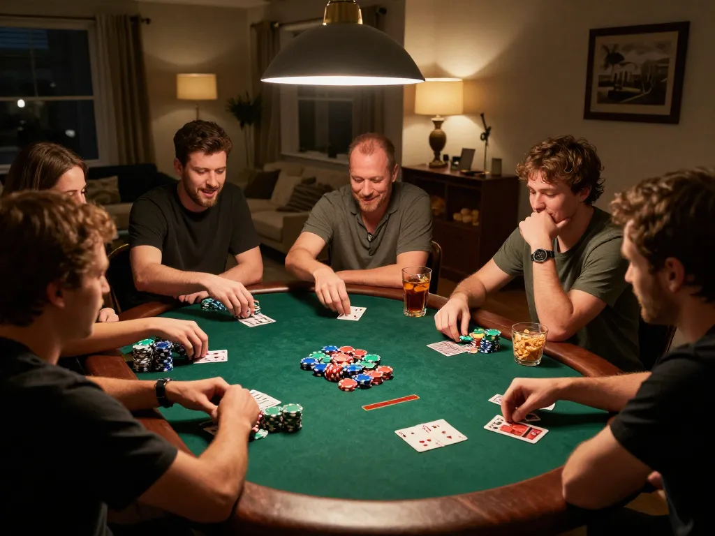 hitclub poker night scene with friends, intense game at circular table, colorful chips and cards