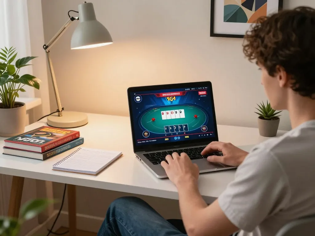 Playing poker online at home with soibetzz showcasing strategic gameplay and focus