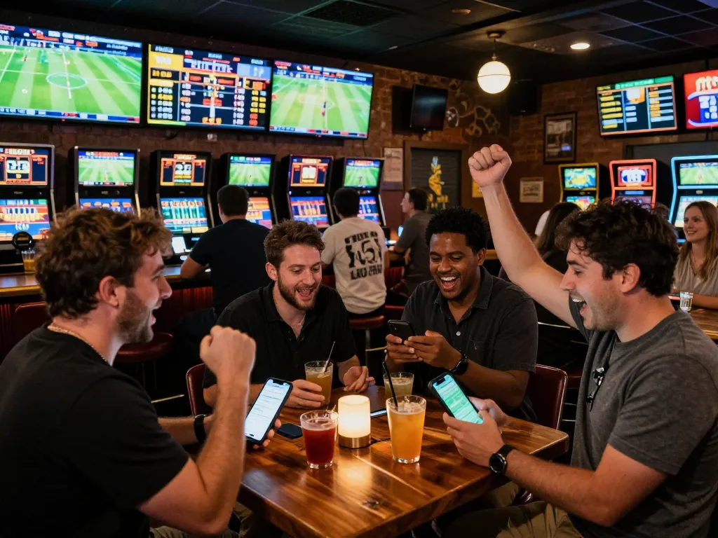 Patrons reviewing ty le ca cuoc on their smartphones while enjoying a lively sports betting atmosphere.