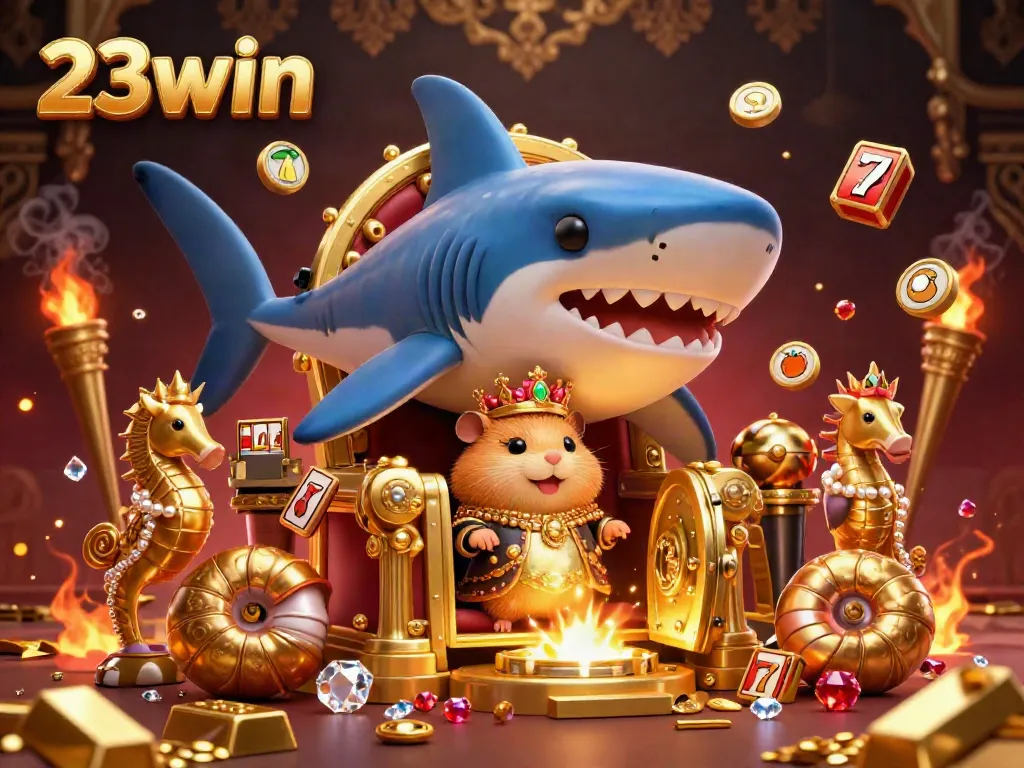 Experience thrilling wins at 23win with the golden hamster king reigning over a vibrant casino scene filled with treasures.
