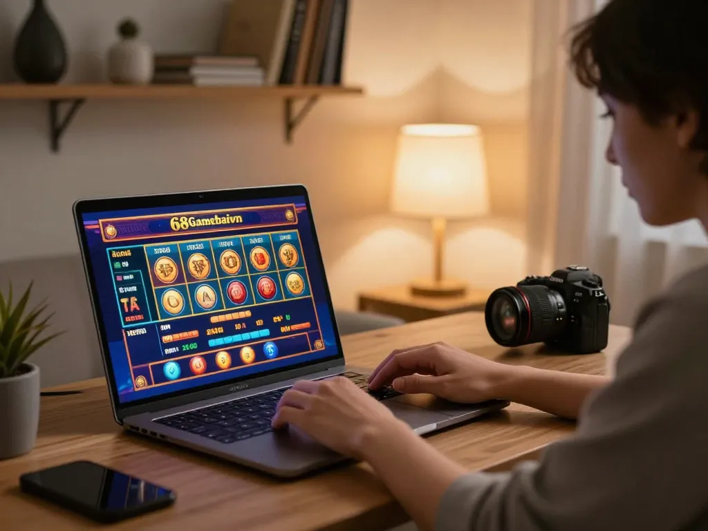 Enjoying engaging gameplay on 68gamebaivn with a laptop setup, highlighting interactive casino features.