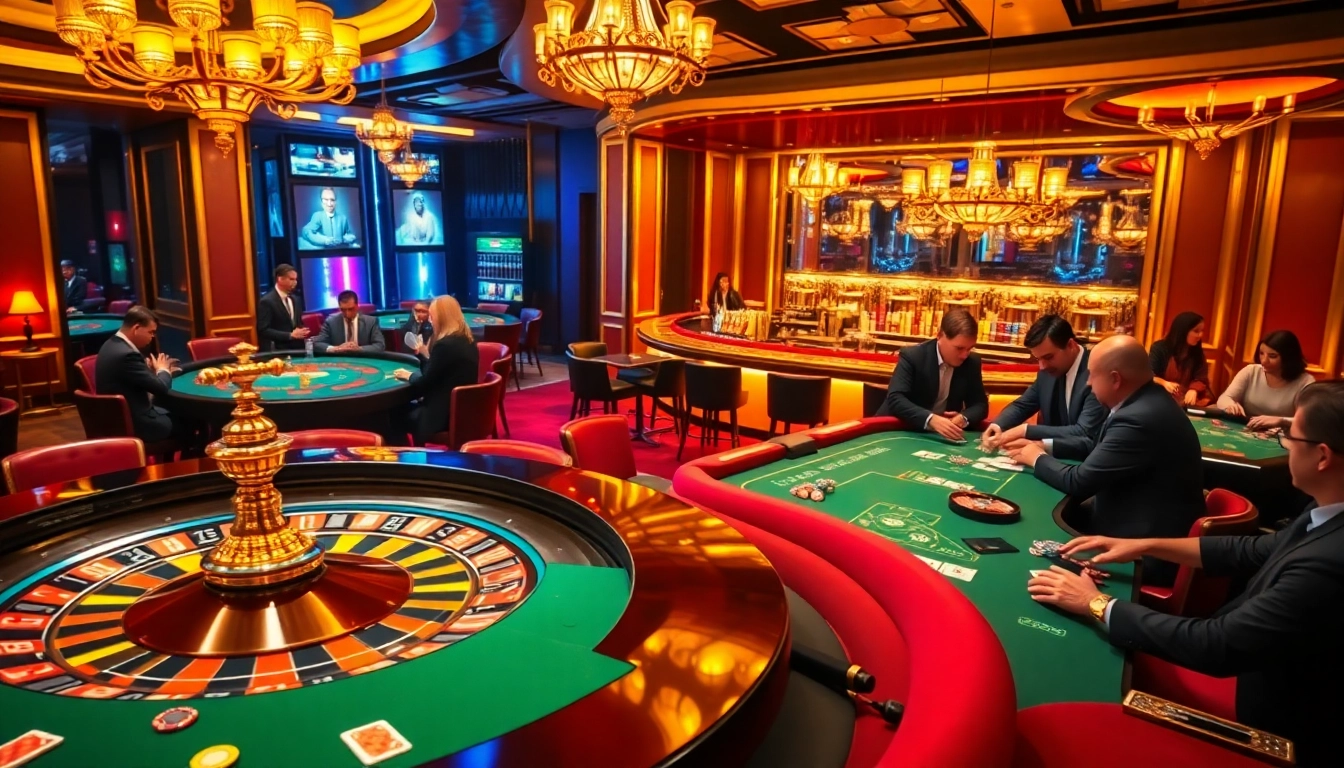 Exciting casino scene highlighting vibrant betting action at https://tintuceva.net/ with poker tables and roulette wheel.