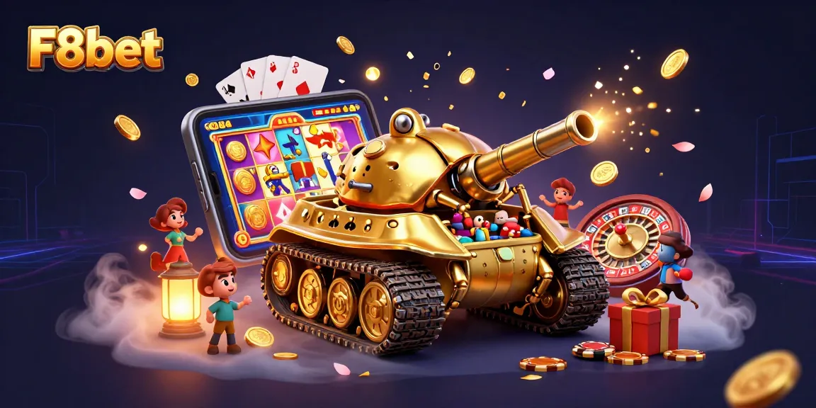 Experience the dynamic world of F8bet with vibrant casino elements and golden treasures.