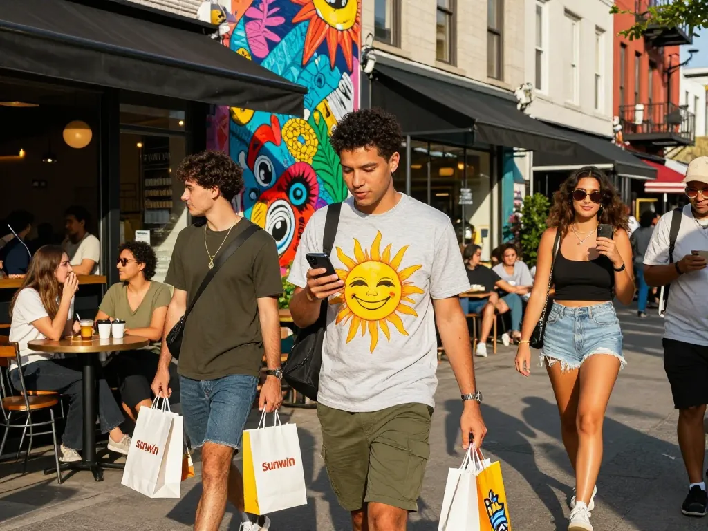 Young adults wearing sunwin apparel enjoying vibrant urban atmosphere.