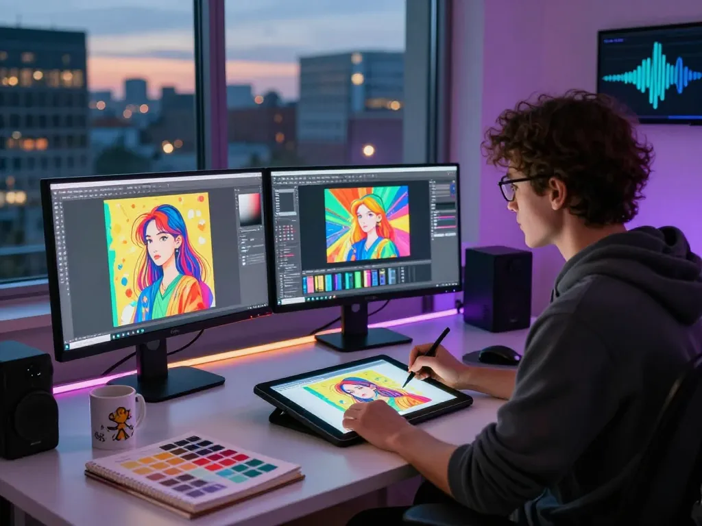 AI porn artist working in a digital studio creating vibrant artwork.