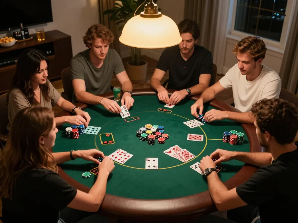 Friends enjoying Texas Hold'em gameplay at home, showcasing a lively atmosphere with 88okwin branding.