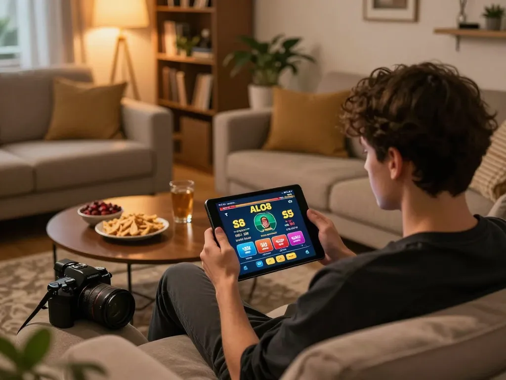 Player engaging with ALO8 casino app on tablet in cozy home setup