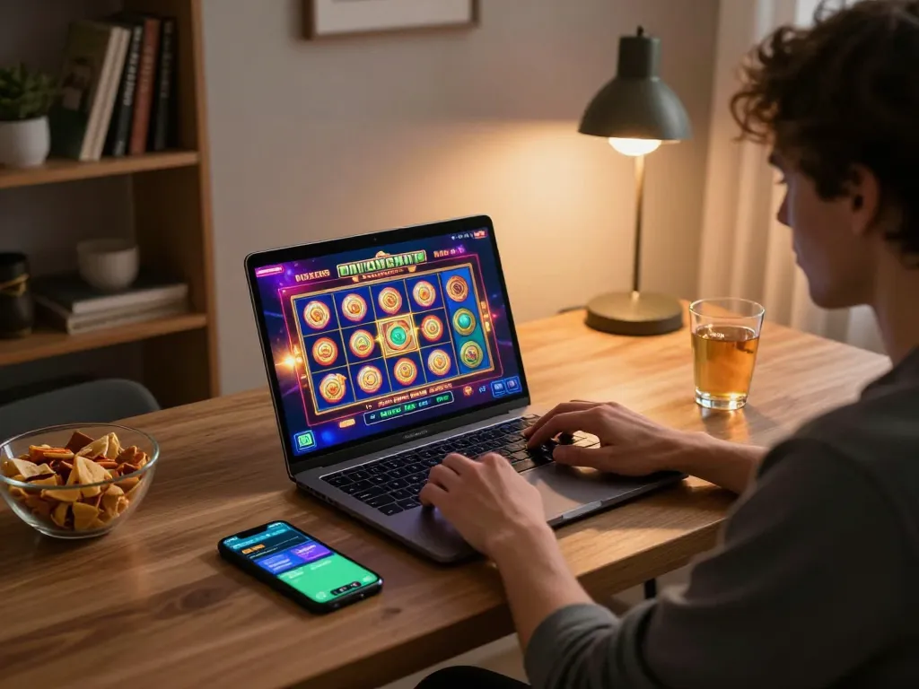 Engaging in online casino gaming at home with lc88 app on laptop and smartphone.