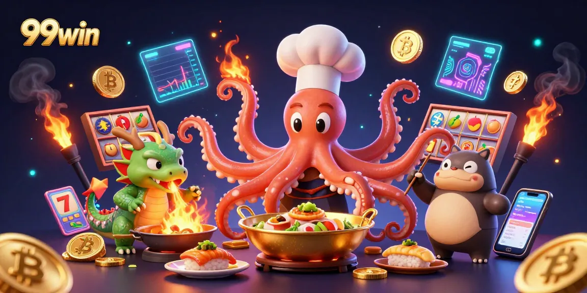 Engage with the vibrant 99win casino scene featuring an octopus chef and exciting gaming elements.