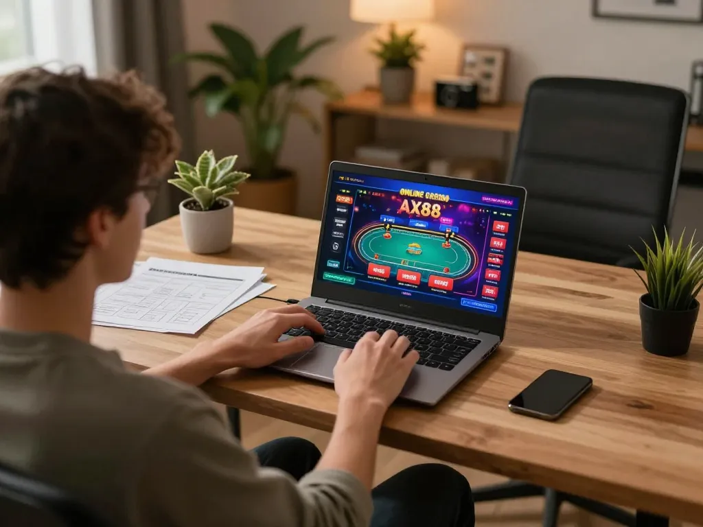 Engaging online poker gameplay on AX88 platform, showcasing laptop screen with vibrant game interface.