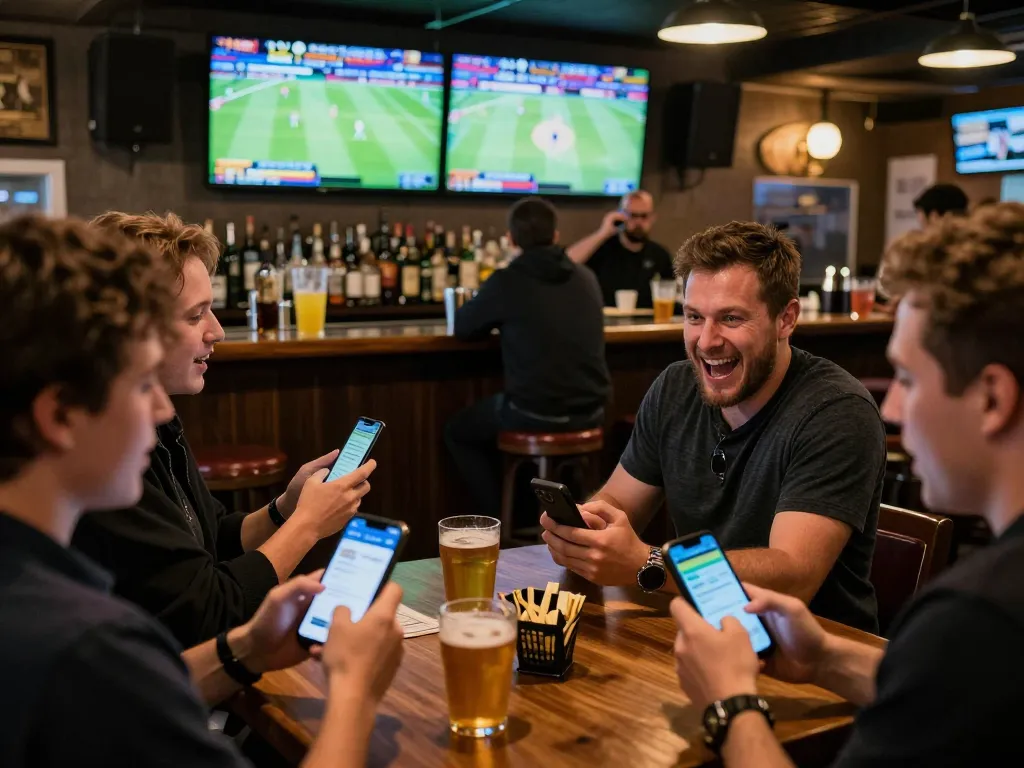Sports enthusiasts engaging with their betting apps at LLWIN TECH during live sports, showcasing excitement and social interaction.