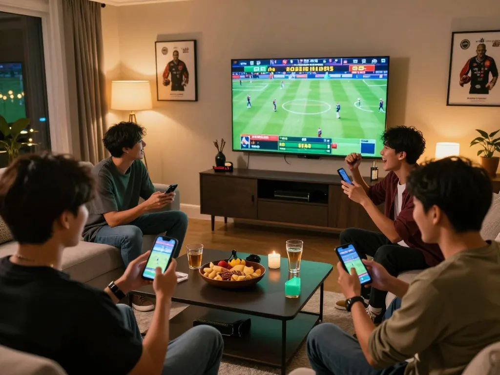 Dewagg players engage in thrilling online sports betting with smartphones in a cozy home setting.