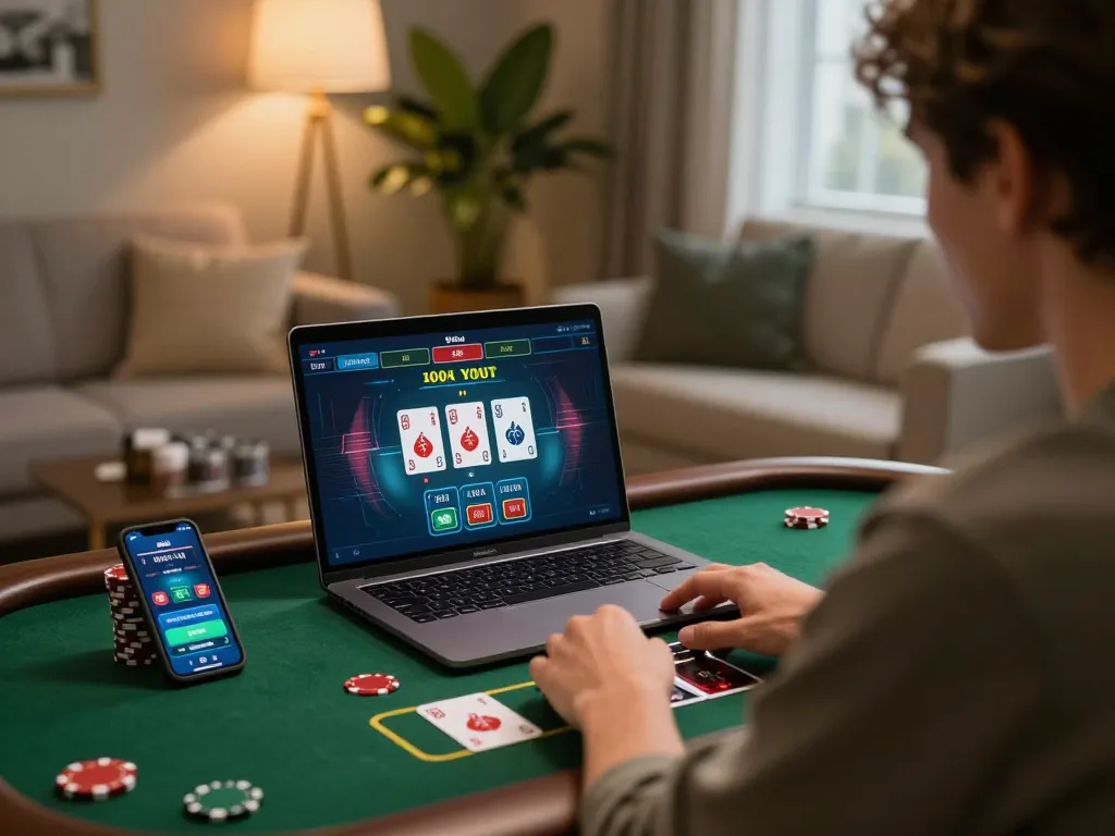 Engaging online casino experience with 88aa gaming on a laptop amidst cozy home decor.