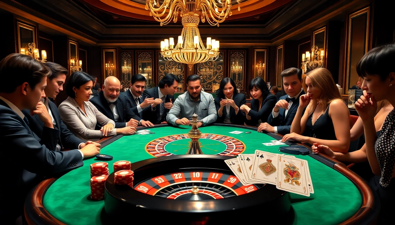 Players enjoying an intense poker game at open88's luxurious casino table, highlighting excitement.