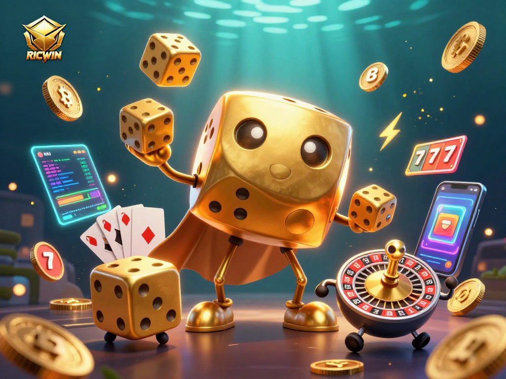 Roll in style with RICWIN: An exciting 3D casino scene showcasing dynamic gaming elements.