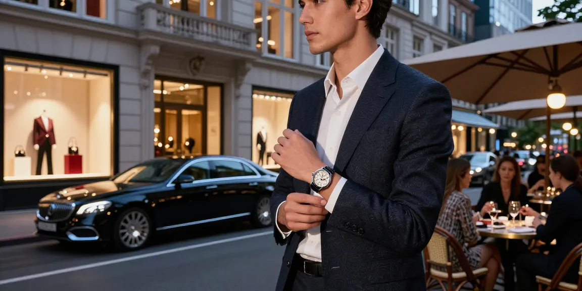 Individual showcasing a luxury replica watch in an upscale urban setting.