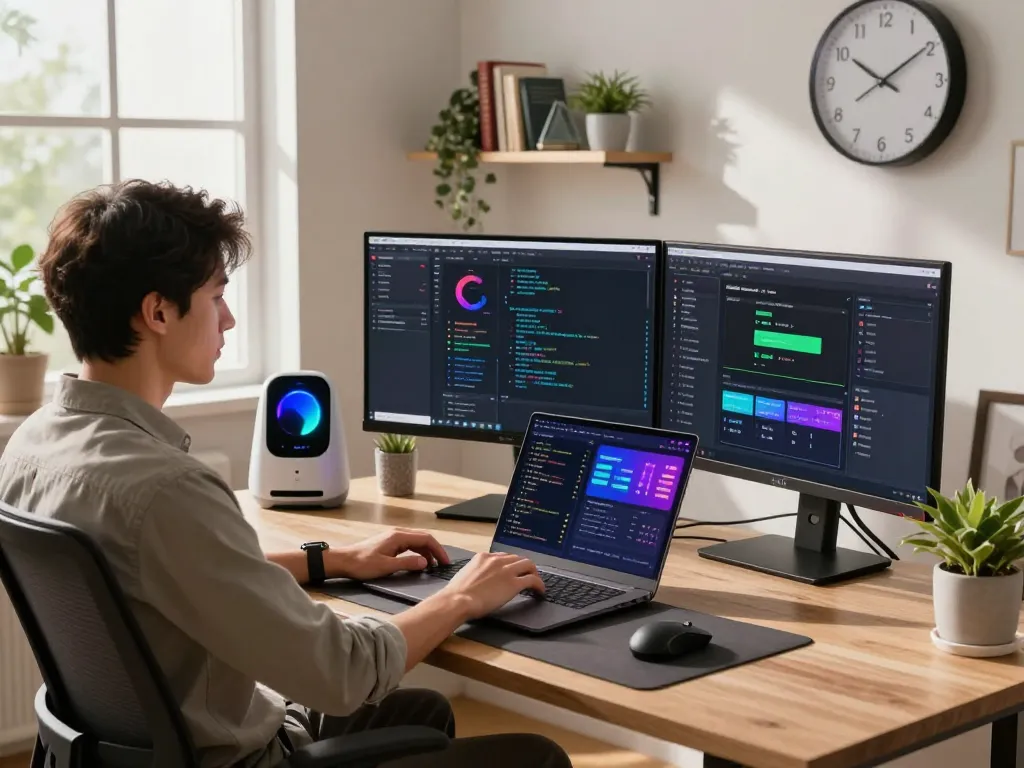Moltbot personal AI assistant in an innovative tech workspace managing tasks actively on dual monitors.