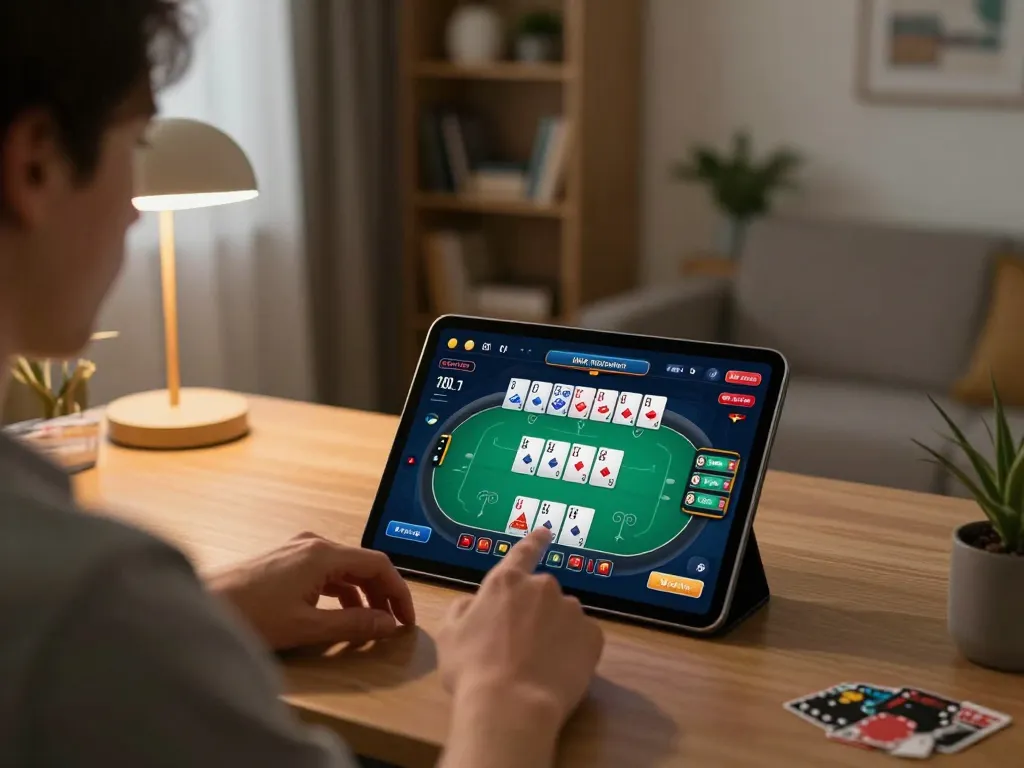 Playing nk88 online poker on tablet in a stylish home office environment.