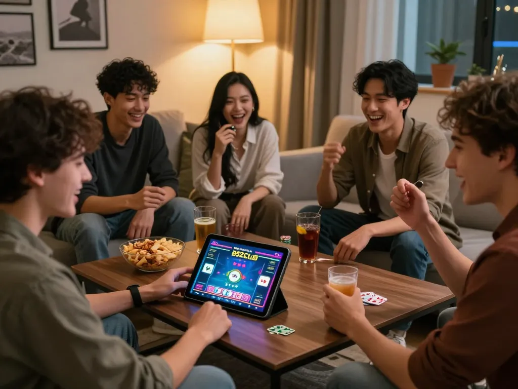 B52Club online gaming session with friends enjoying poker games and engaging in lively conversation.