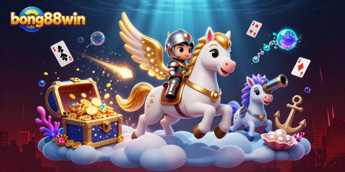 Bong88win showcases a vibrant 3D scene featuring a celestial horse and knight amidst gambling elements like playing cards and treasure.