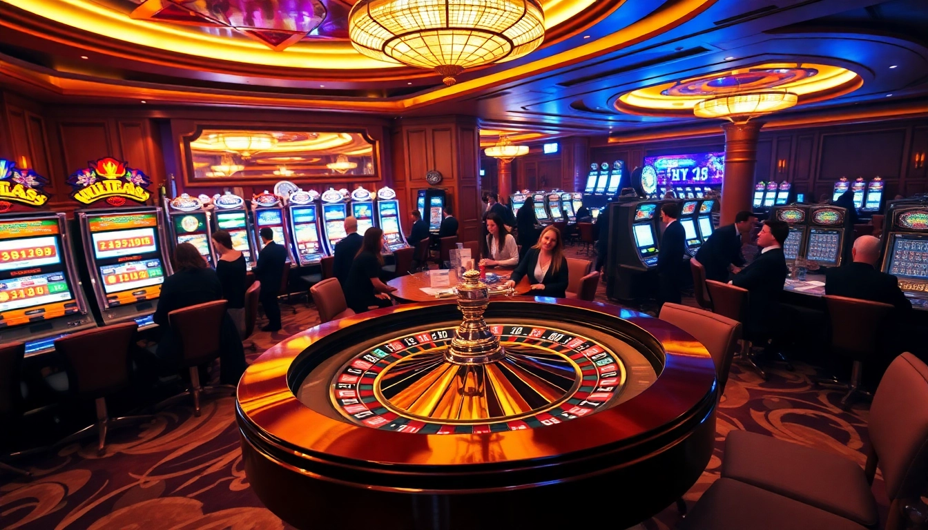 Players enjoying vibrant slot machines at a glamorous casino, featuring https://sclub88.app/ and exciting betting activity.