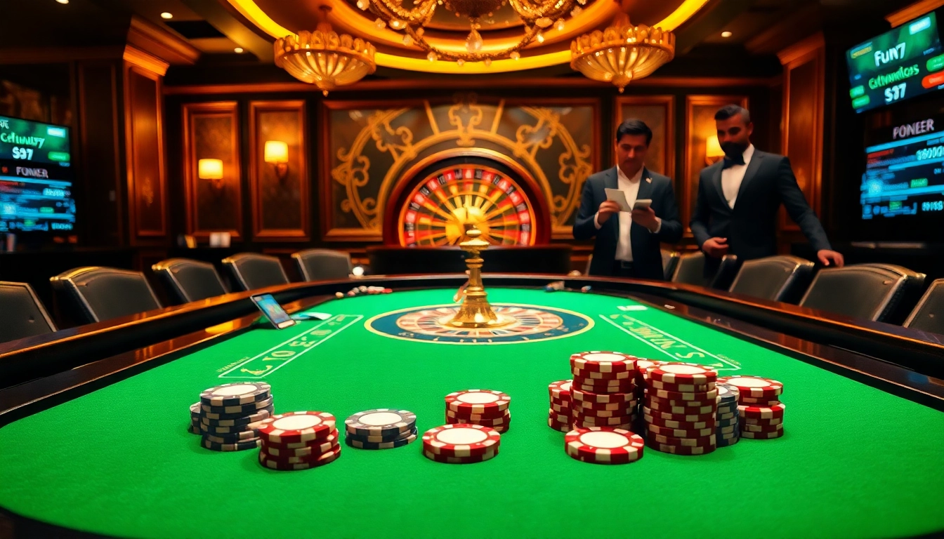 Fun79 players enjoying an exciting blackjack game at a luxurious casino table with vibrant chips.