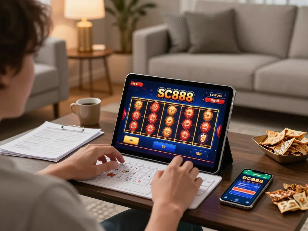 Engaging scene of player interacting with SC888 online casino game on a tablet in a cozy, stylish home environment.