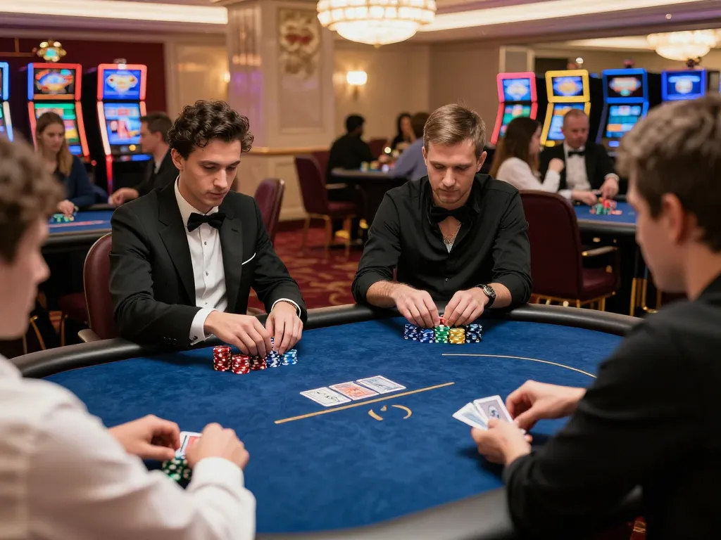 Engaging poker game at upscale casino highlighting 77bet players focusing on strategic decisions